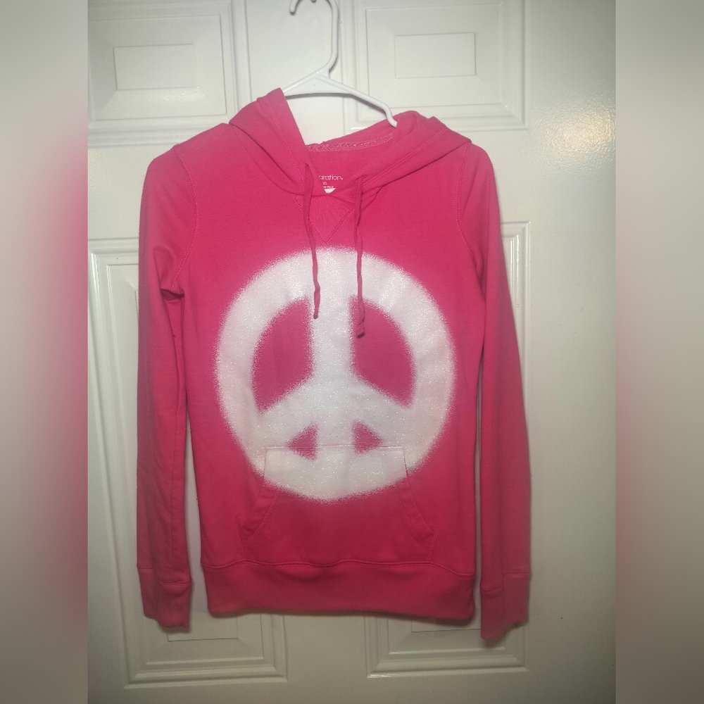 Xhilaration Women’s Hoodie XS Pink Peace Sign Pullover Sweatshirt